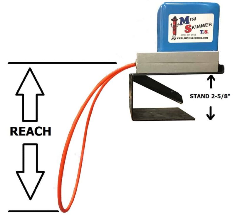 Tube oil skimmer diagram showing the measurements of the stand and the reach of the tube.