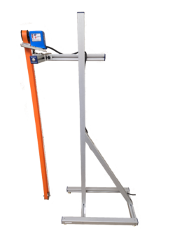 A Mini-Skimmer unit with a long length, flat poly belt and mounted to an adjustable 5 foot stand.